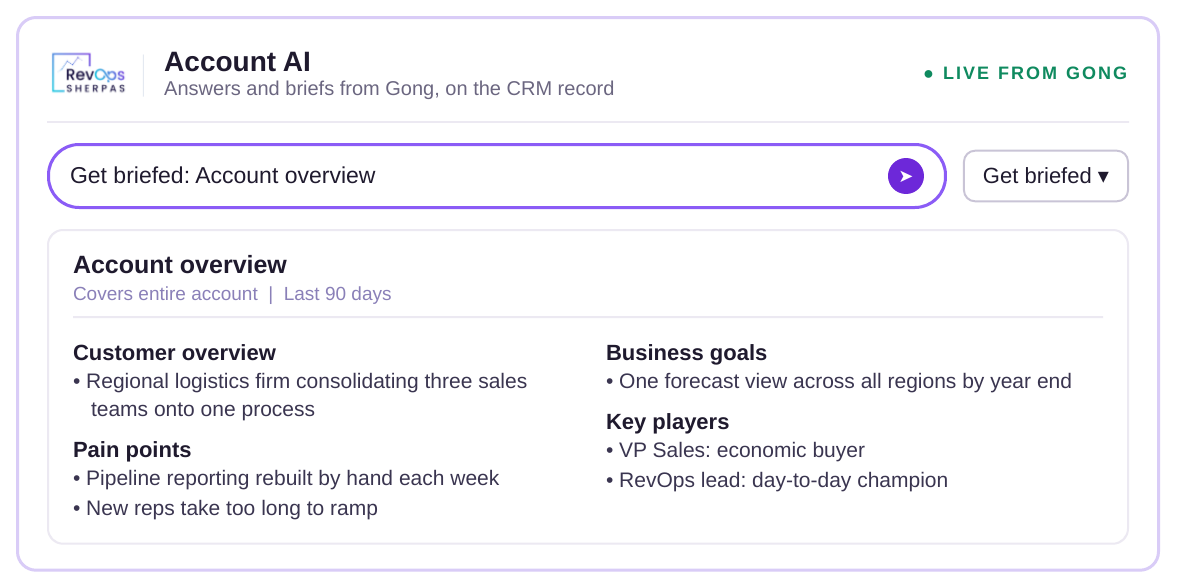 Account AI widget showing a Gong Account overview brief answered live inside a CRM record.