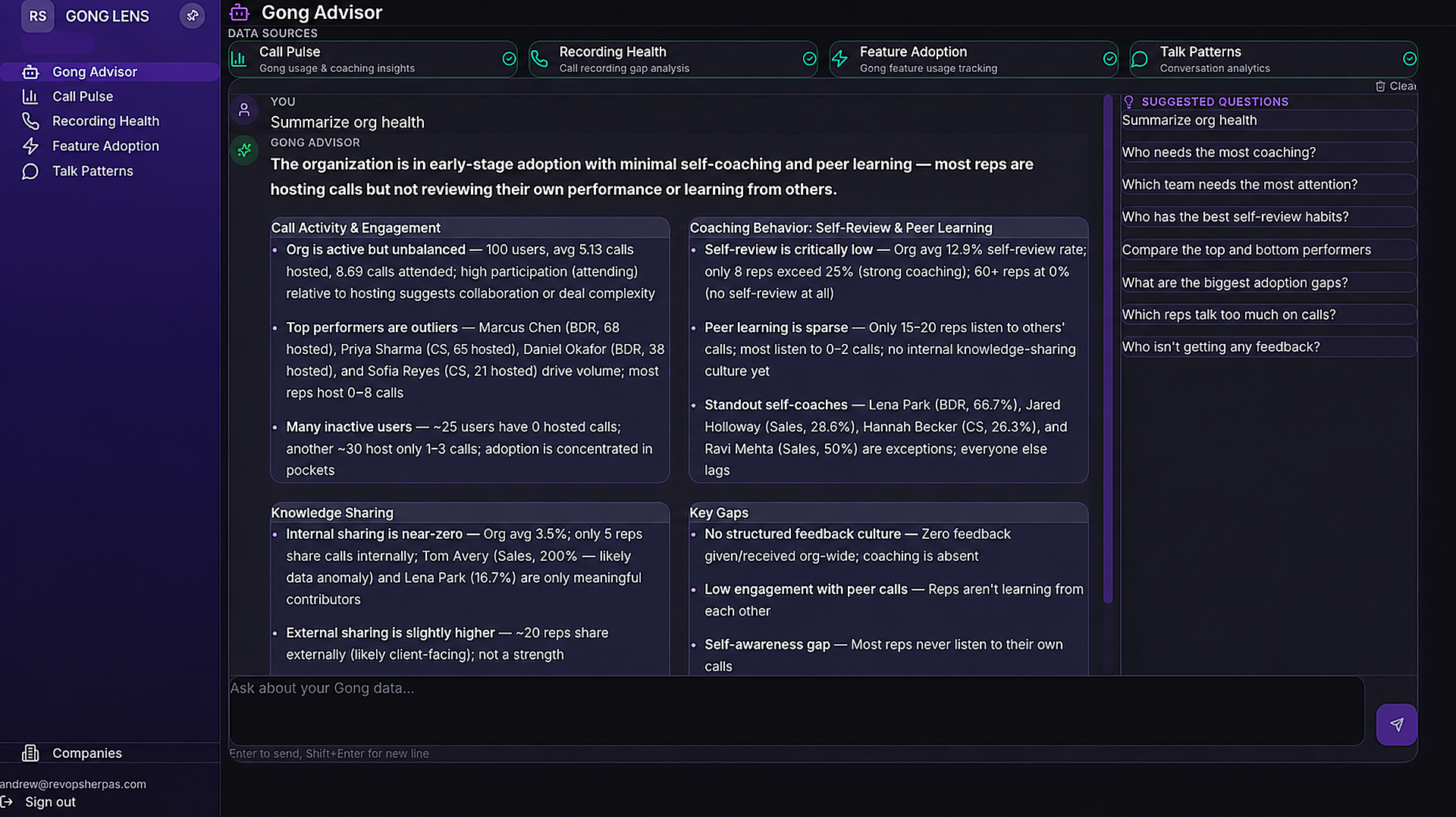 Gong Lens — AI advisor answering "Summarize org health"
